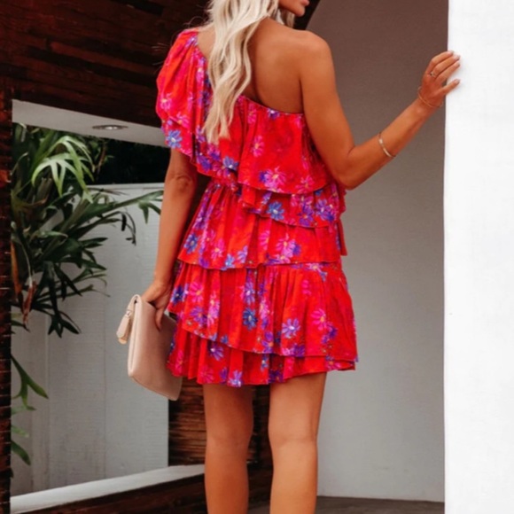 Endless Rose One Shoulder Mini Dress Tiered Ruffled Red Pink Floral Medium - Picture 4 of 4